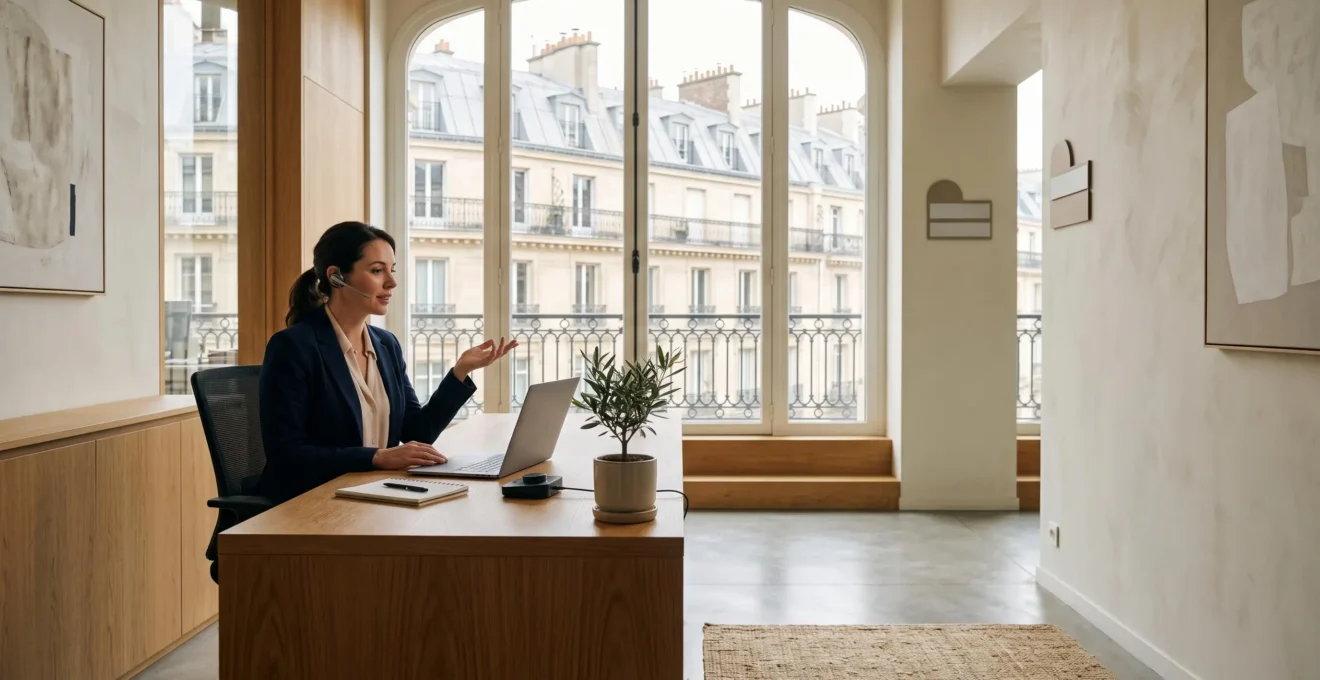 Standardiste souriante dans un bureau lumineux de PME française, symbolisant la formation à l'accueil téléphonique assisté par CTI