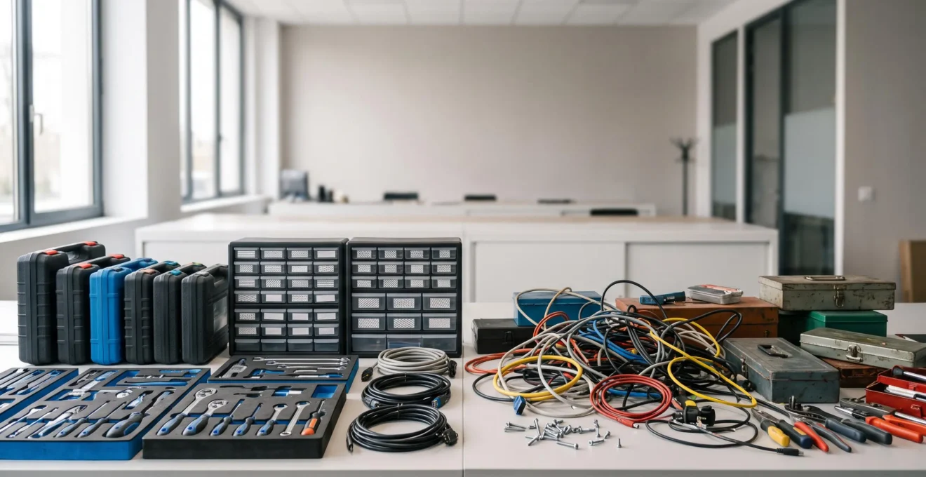 Comparaison symbolique entre un poste de travail informatique parfaitement organise et un espace de reparation improvise et desordonne