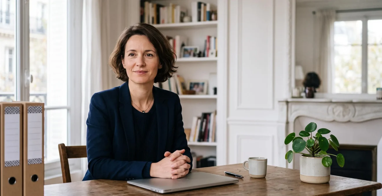 Un entrepreneur français dans son bureau à domicile organise ses outils numériques professionnels avec rigueur et sérénité