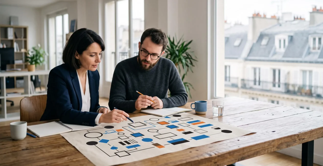 Un client et un developpeur echangent autour d'un schema clair representant un cahier des charges fonctionnel bien defini