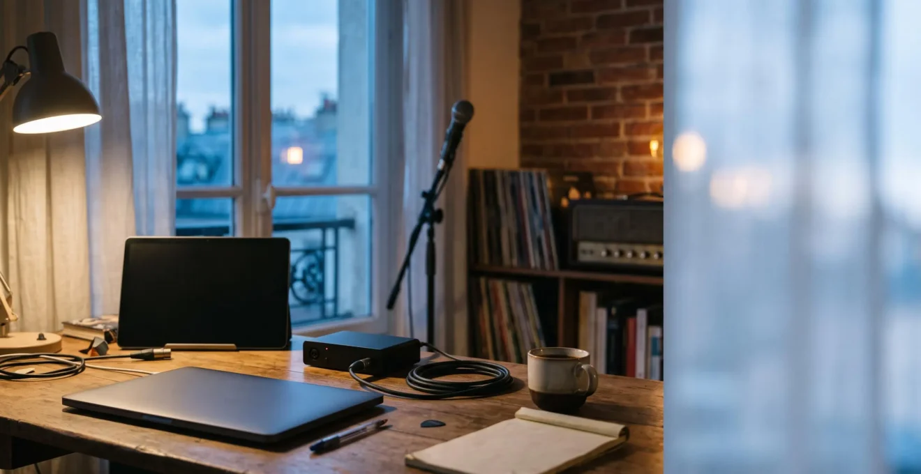 Bureau de home studio en France avec un ordinateur portable ferme et un boitier d'interface audio externe relie par des cables XLR, dans une ambiance de lumiere naturelle