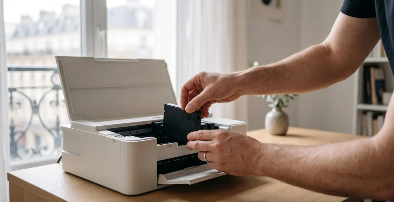 Main installant avec precaution une cartouche d'encre compatible dans une imprimante domestique