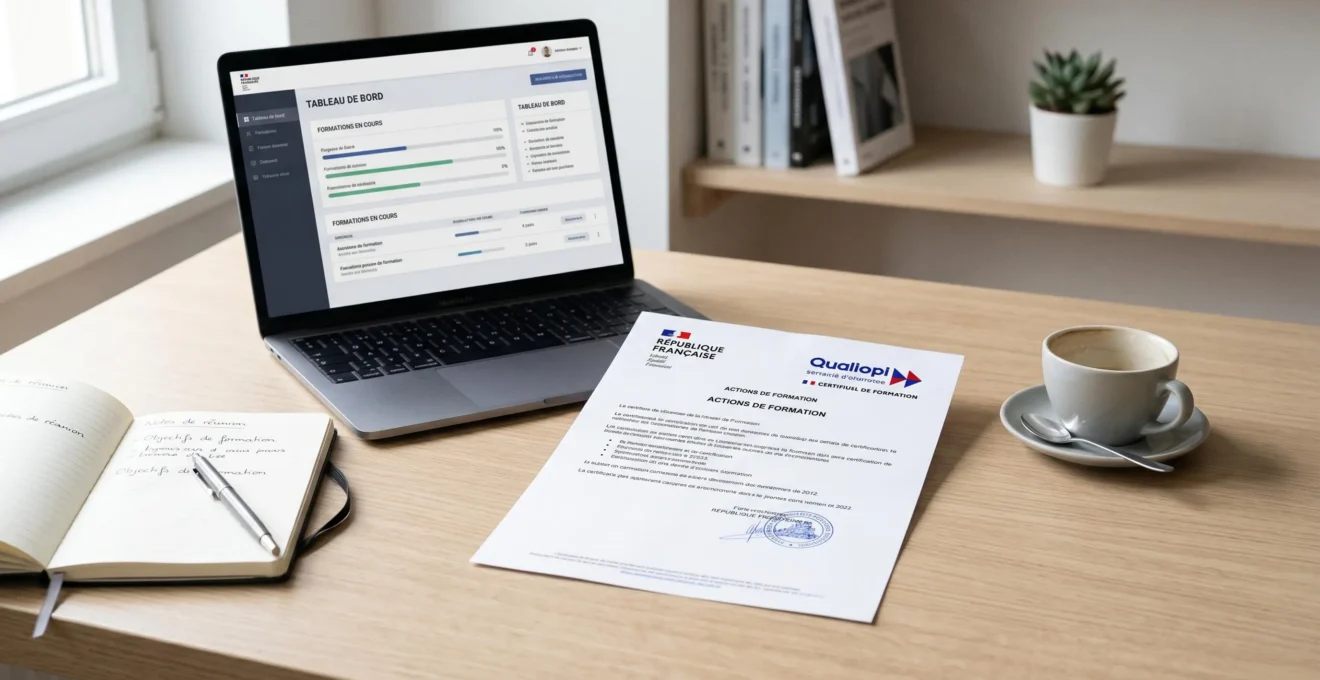 Certificat Qualiopi officiel français posé sur un bureau de travail contemporain avec laptop affichant un tableau de bord formation, carnet de notes et café, lumière naturelle douce, document occupant moins d'un tiers du cadre