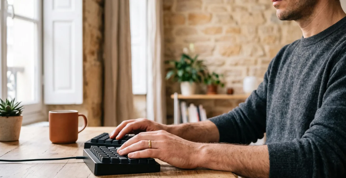 Professionnel travaillant sur un clavier ergonomique dans un bureau lumineux et epure, poignets droits et detendus