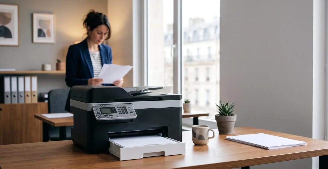 Bureau français lumineux avec une imprimante multifonction au premier plan, symbolisant le choix entre différents modèles selon les besoins réels