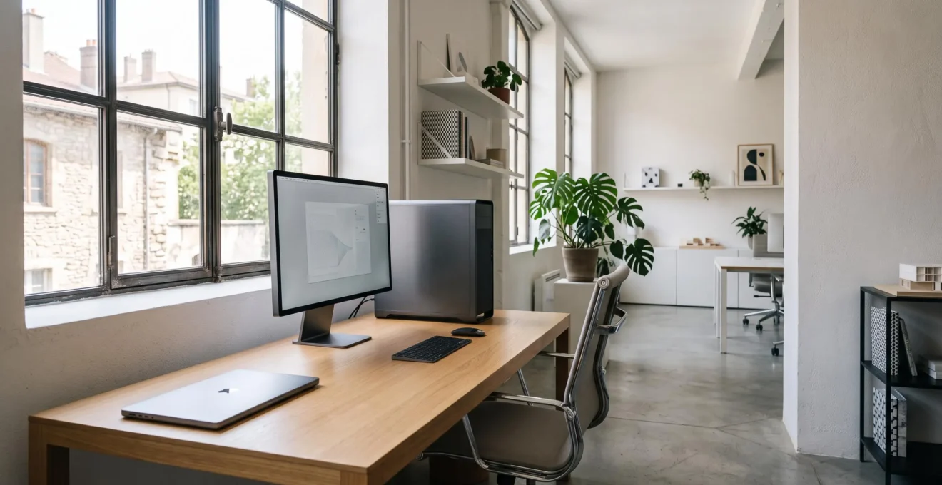 Poste de travail de bureau moderne dans une entreprise française, symbolisant le choix entre un PC fixe pour la CAO, la comptabilité ou le graphisme