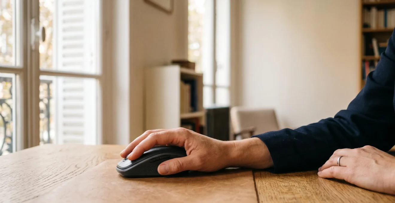 Professionnel travaillant avec une souris ergonomique de précision sur un bureau minimaliste, illustrant le choix du bon DPI et de la bonne ergonomie