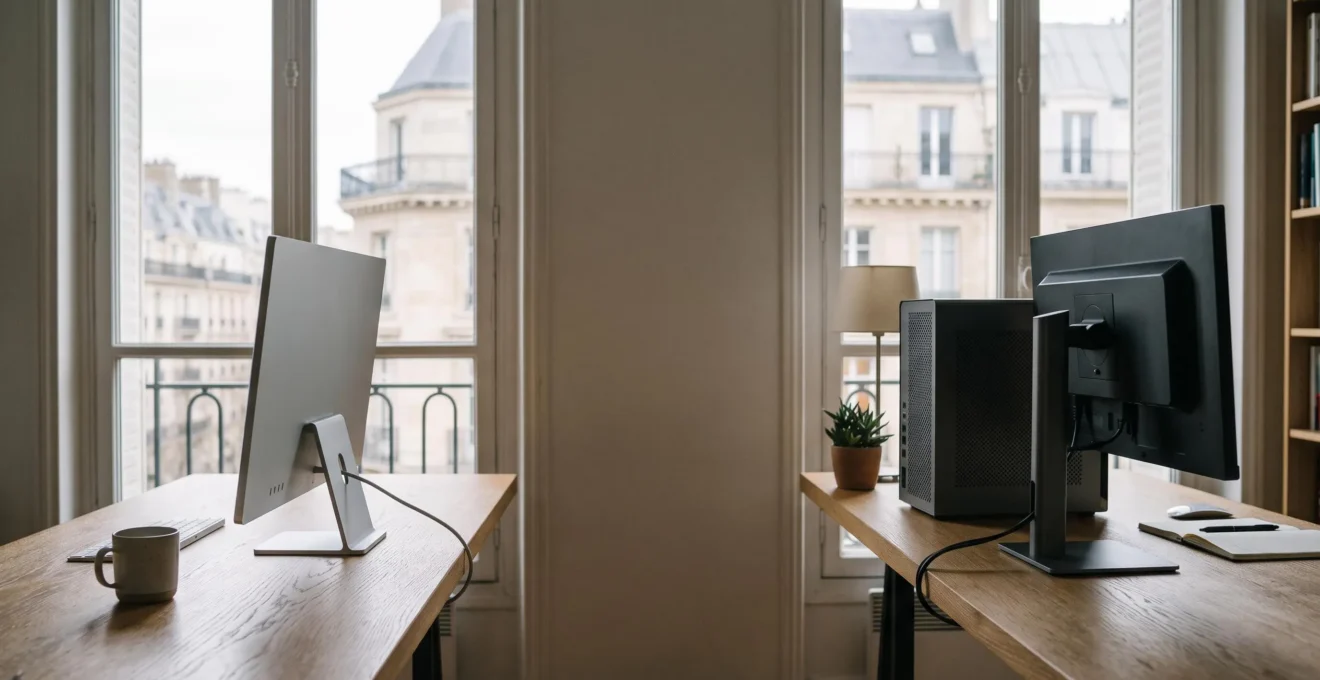 Bureau francais elegant illustrant le choix entre un ordinateur tout-en-un compact et une tour modulaire avec ecran separe