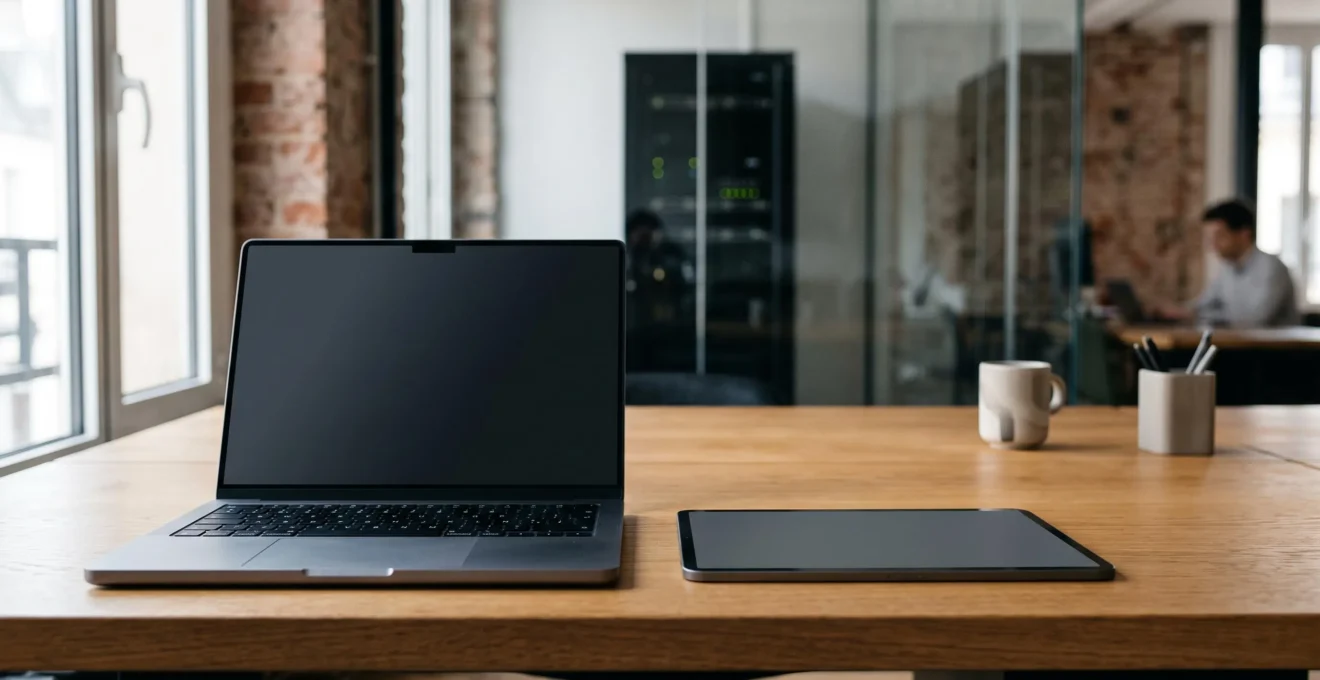 Tablette tactile et ordinateur portable professionnel posés côte à côte sur un bureau moderne, symbolisant l'intégration entre appareils mobiles et infrastructure d'entreprise