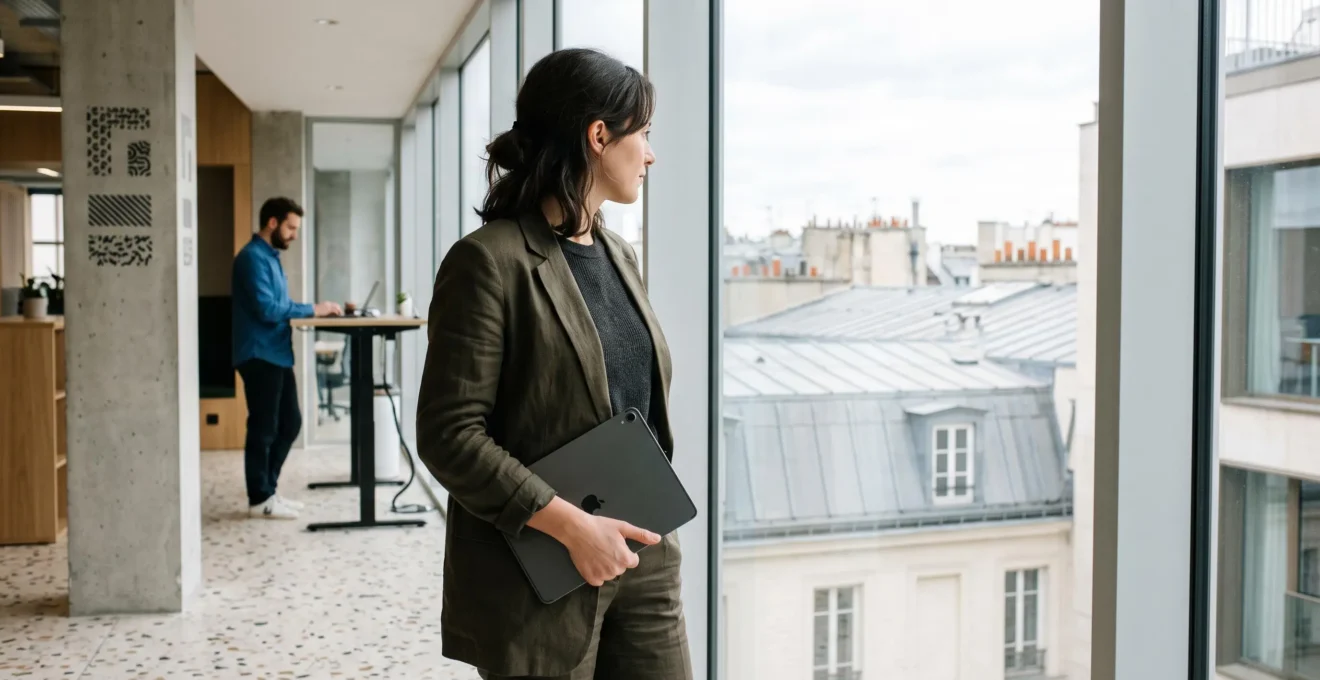 Professionnel dans un bureau français lumineux consultant calmement une tablette inclinée, symbolisant une communication interne structurée et apaisée