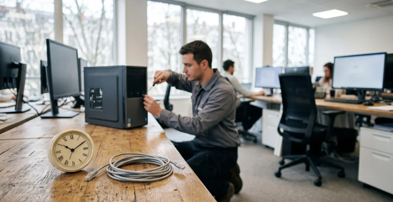 Bureau français moderne avec technicien intervenant discrètement sur un poste de travail pendant que les employés poursuivent leur activité, symbolisant la continuité de service.