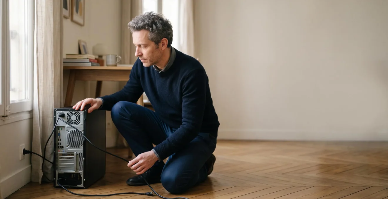 Gros plan sur des mains examinant methodiquement les cables d'un ordinateur eteint dans un bureau francais, symbole du diagnostic calme et rationnel