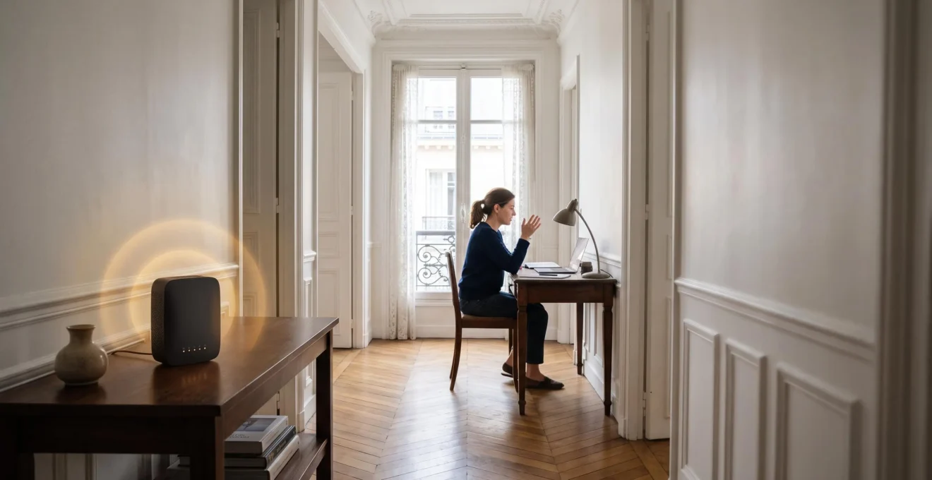 Intérieur d'un appartement français avec un routeur WiFi diffusant un signal invisible jusqu'à un bureau où une personne travaille en visioconférence