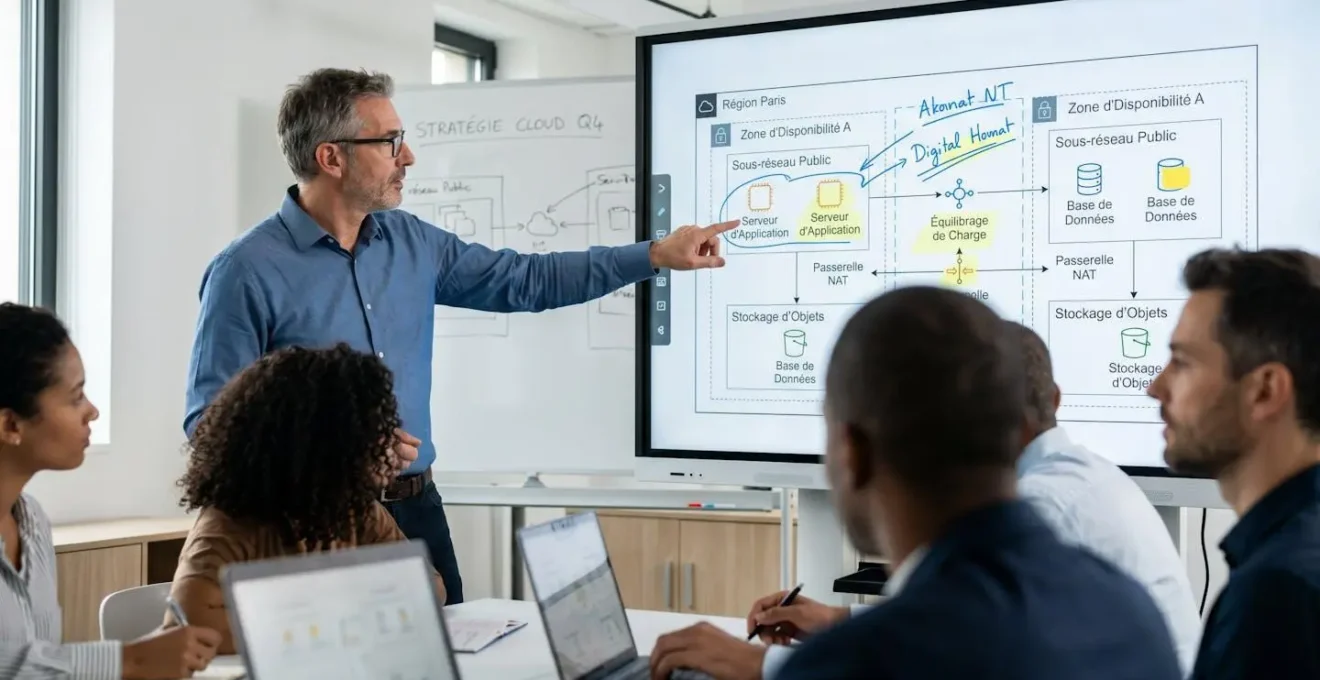 Formateur expert présentant un schéma d'architecture cloud multi-zones sur écran interactif à un groupe de cadres dirigeants dans une salle de formation contemporaine, geste pédagogique précis, participants concentrés