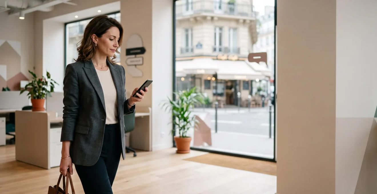 Professionnel français utilisant discrètement son iPhone pour automatiser ses tâches quotidiennes dans un cadre de travail moderne