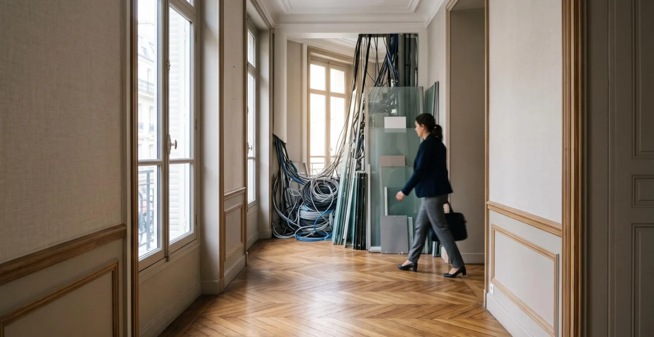 Vue symbolique d'un open space français où la lumière et le flux de travail sont ralentis par un goulot d'étranglement physique, illustrant la perte de temps numérique en entreprise