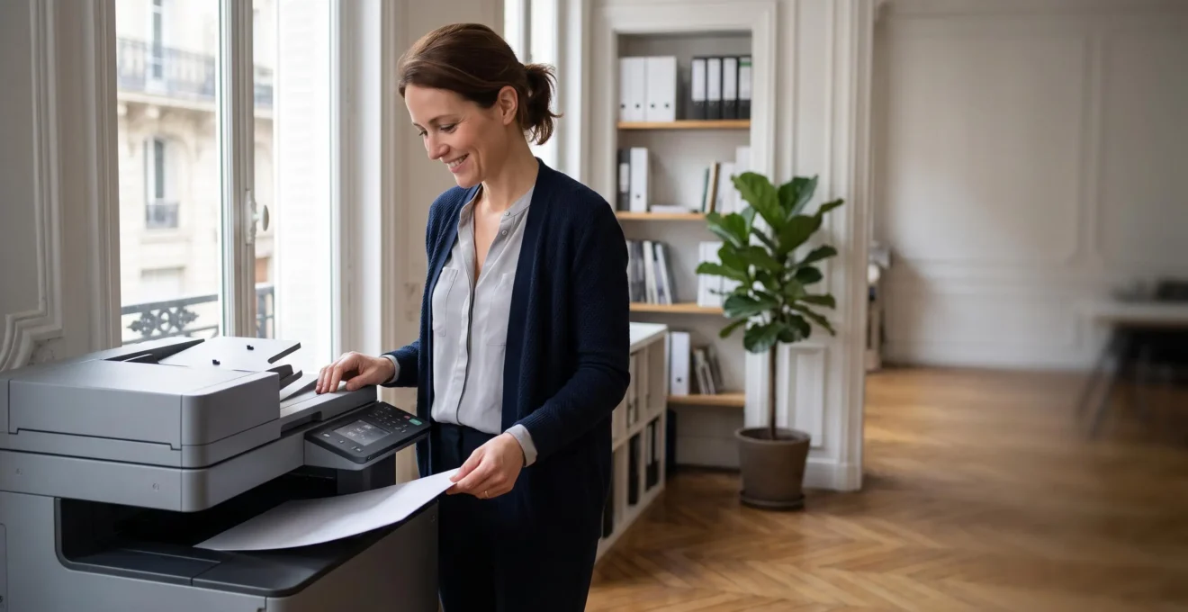 Professionnel dans un bureau français récupérant un document fraîchement imprimé sur une imprimante multifonction, illustrant l'équilibre entre performance et qualité d'impression