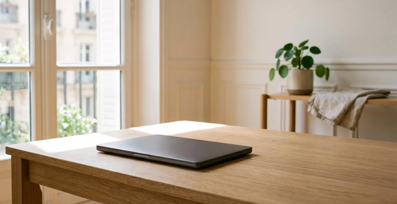Ordinateur portable posé sur un bureau en bois épuré, symbolisant l'espace libéré et la fluidité retrouvée après un nettoyage numérique complet