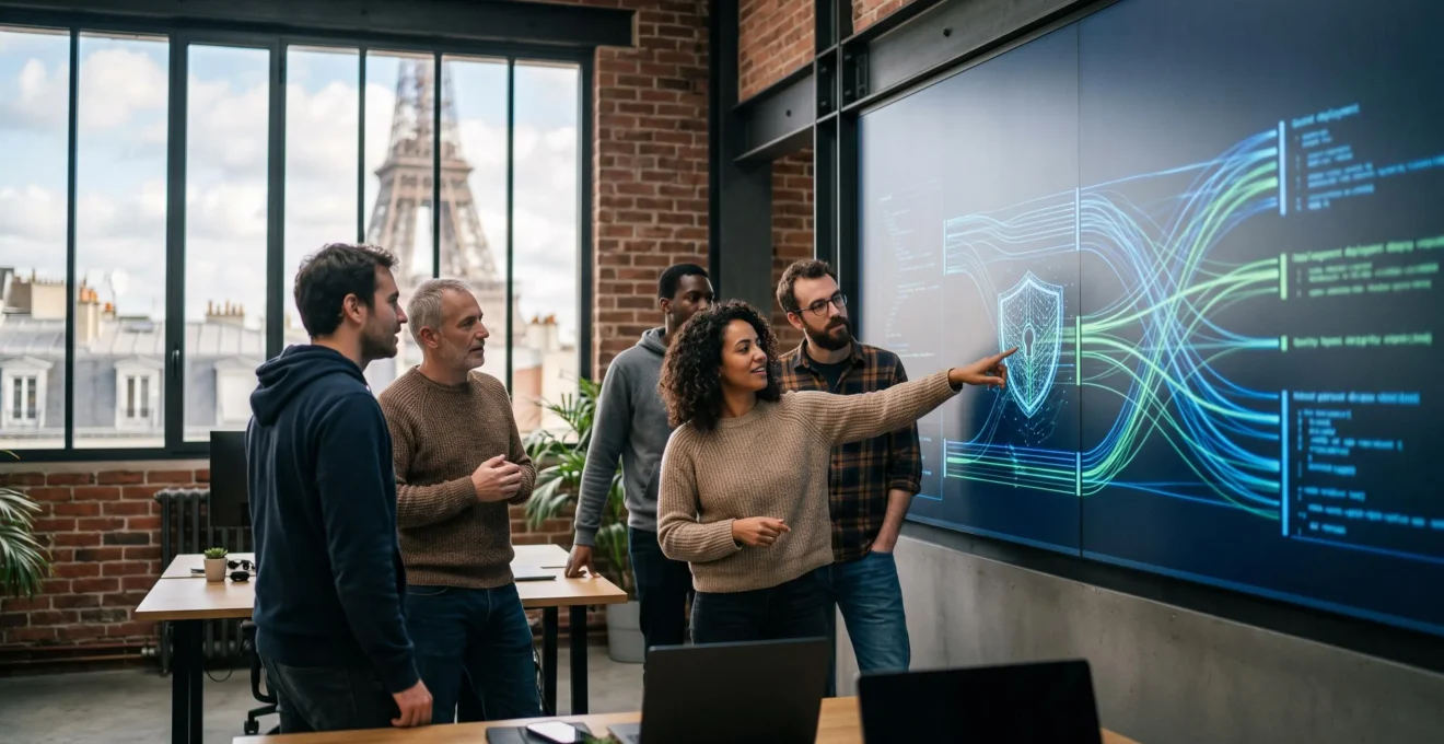 Développeurs collaborant autour d'un tableau de bord de sécurité applicative intégré à un pipeline de livraison continue, dans un bureau tech français