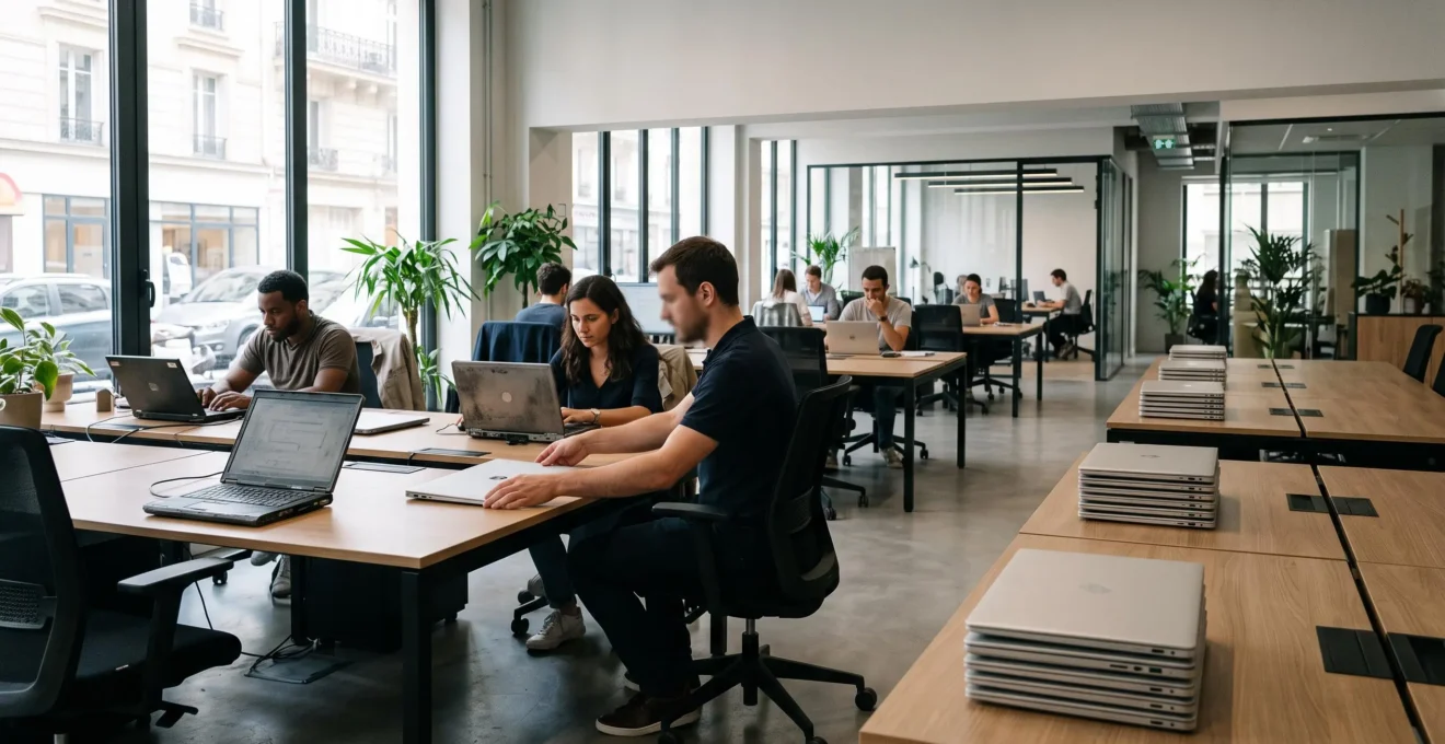 Bureau moderne d'une PME française avec des ordinateurs portables neufs disposés par vagues sur des postes de travail, illustrant une planification progressive et maîtrisée du renouvellement du parc informatique.