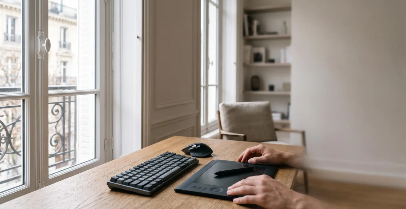 Poste de travail créatif français organisé avec clavier, souris et tablette graphique disposés en harmonie dans une lumière naturelle douce