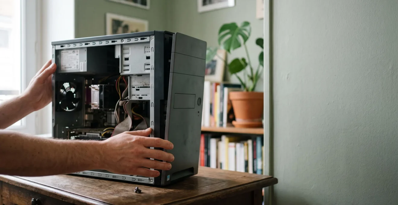Mains ouvrant le boitier d'une tour PC dans un bureau francais pour y installer un nouveau composant