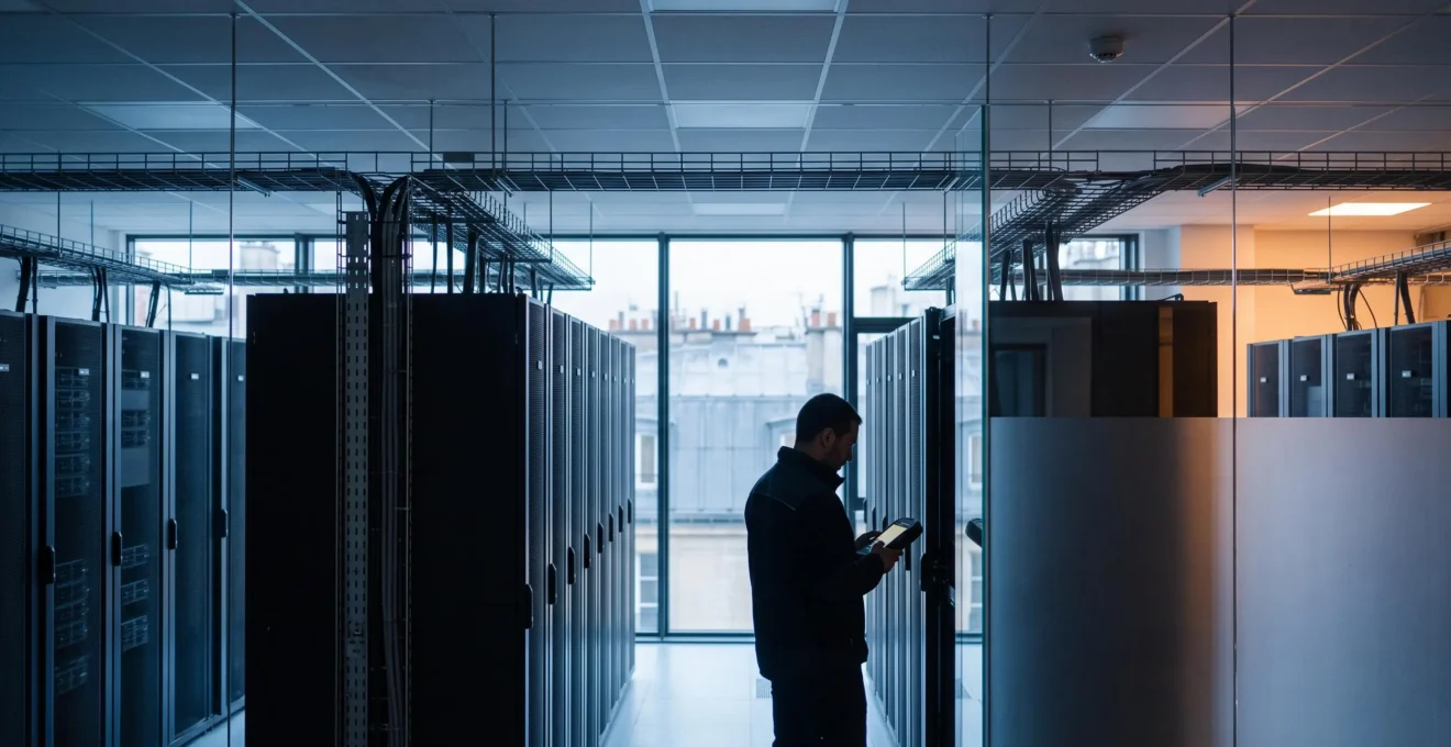 Salle serveurs moderne avec zones de réseau clairement cloisonnées symbolisant la segmentation contre les cyberattaques