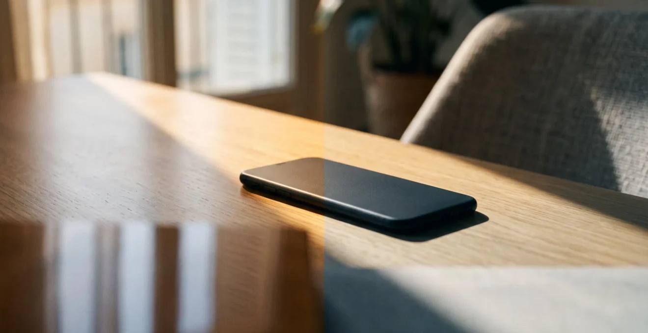 Illustration symbolique d'un iPhone posé sur une table en bois dans un cadre parisien, représentant la séparation entre vie professionnelle et vie personnelle