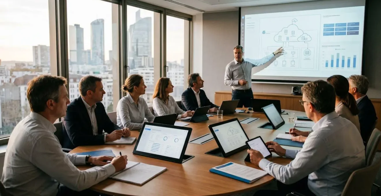 Session de formation executive pour cadres dirigeants dans une salle de séminaire moderne en France, groupe de participants diversifiés autour d'une table ovale avec écrans tactiles affichant des dashboards data, formateur expert debout animant l'échange, baie vitrée en arrière-plan avec vue sur La Défense, lumière naturelle