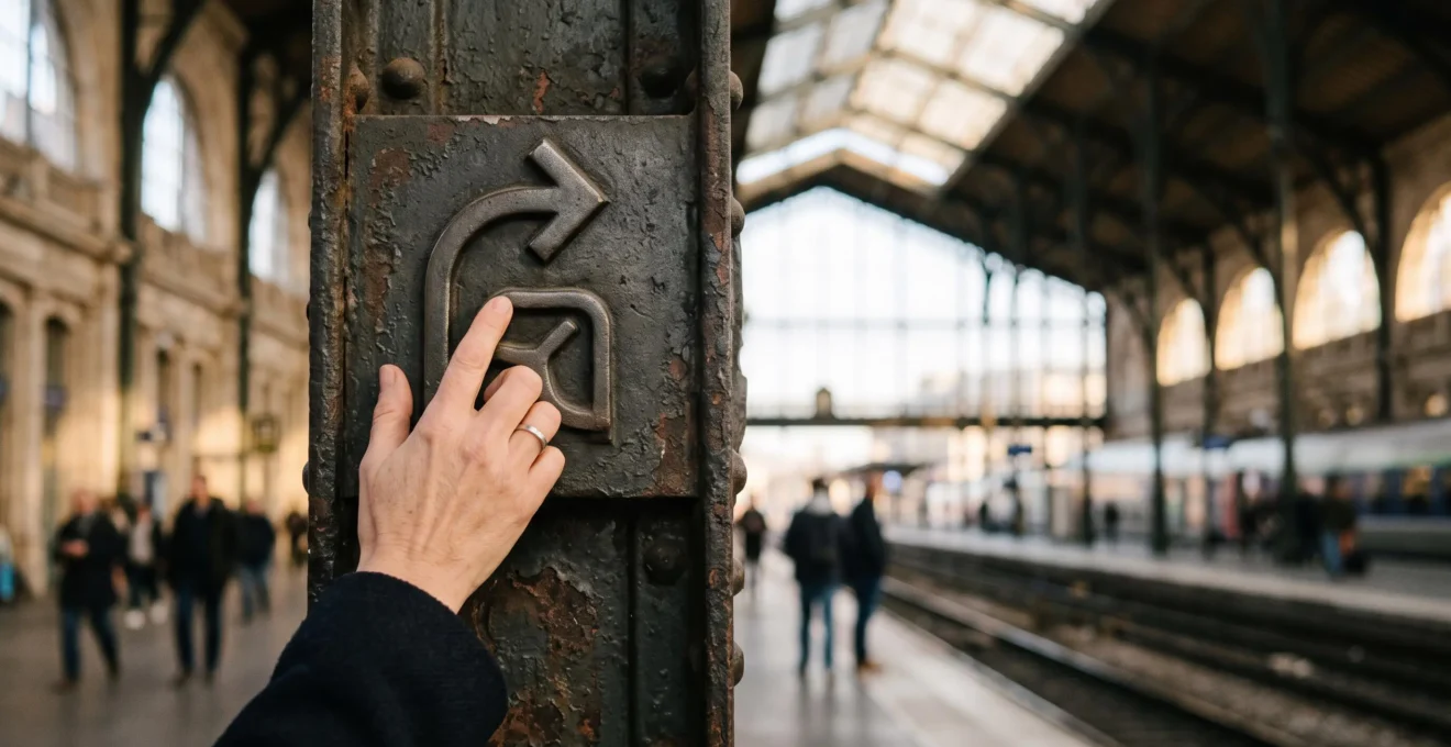 Main effleurant un pictogramme de signalétique métallique dans une gare française, symbolisant une icône comprise instinctivement sans explication