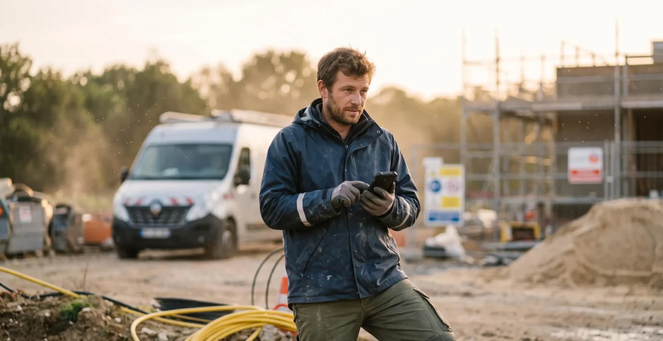 Technicien de terrain en France tenant un smartphone robuste sur un chantier extérieur