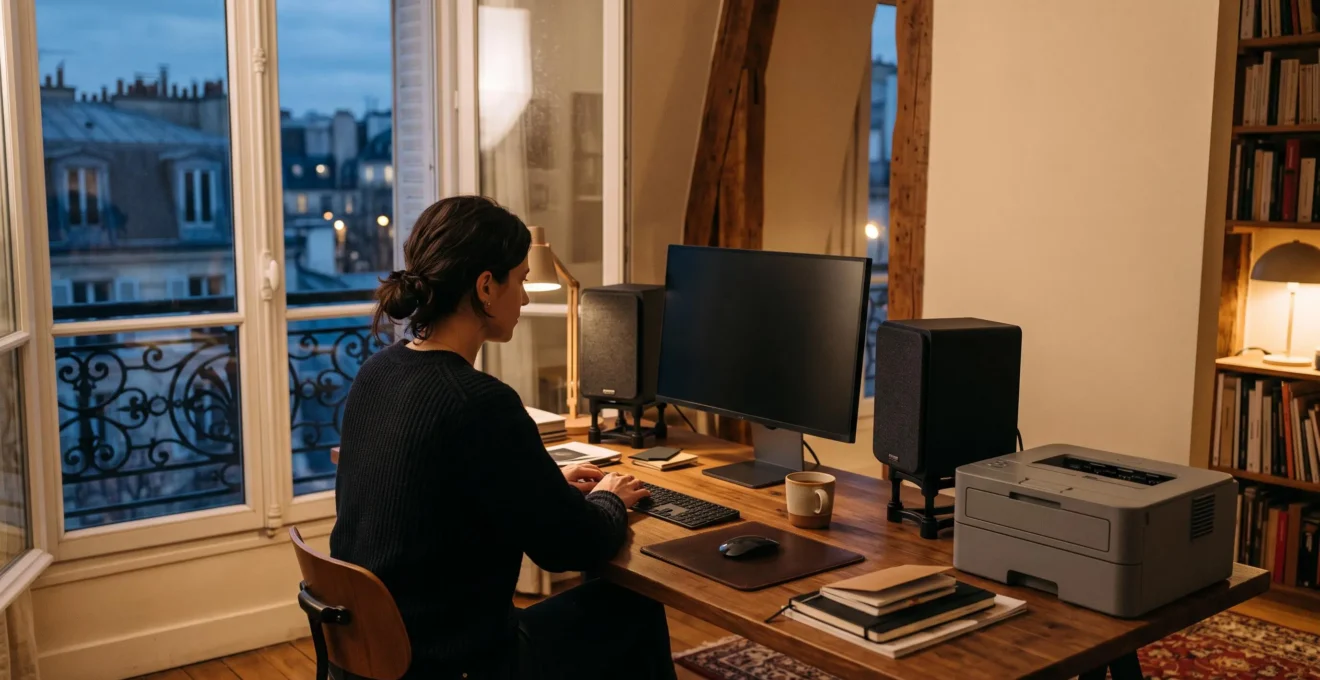 Espace de travail créatif en France avec écran, imprimante et enceintes de monitoring disposés pour un rendu fidèle des couleurs et du son