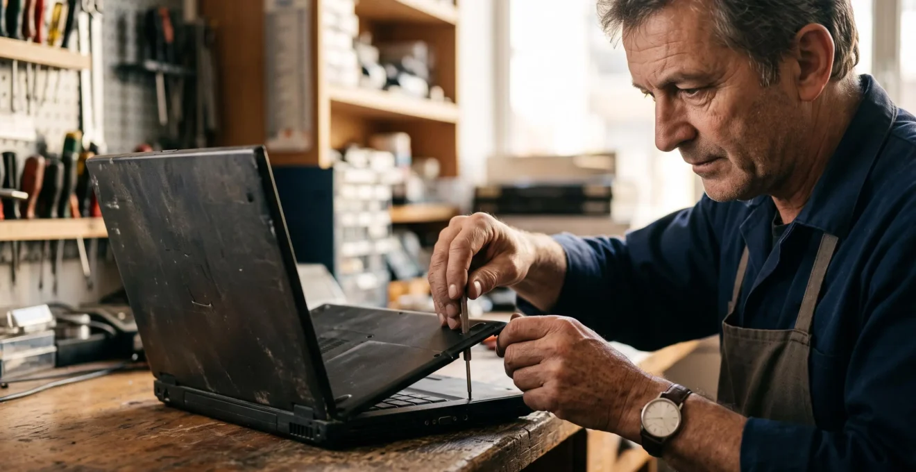 Un technicien français examine attentivement les signes d'usure d'un ordinateur portable avant qu'il ne tombe en panne