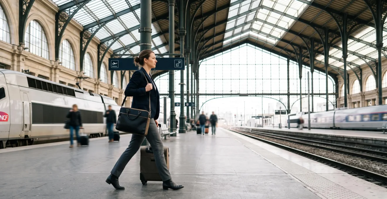Professionnel en déplacement traversant une gare moderne française avec une sacoche d'ordinateur portable, symbolisant l'équilibre entre poids, autonomie et puissance.